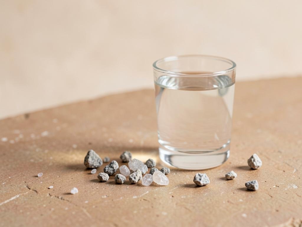 Pequenos cristais minerais ao lado de um copo de água