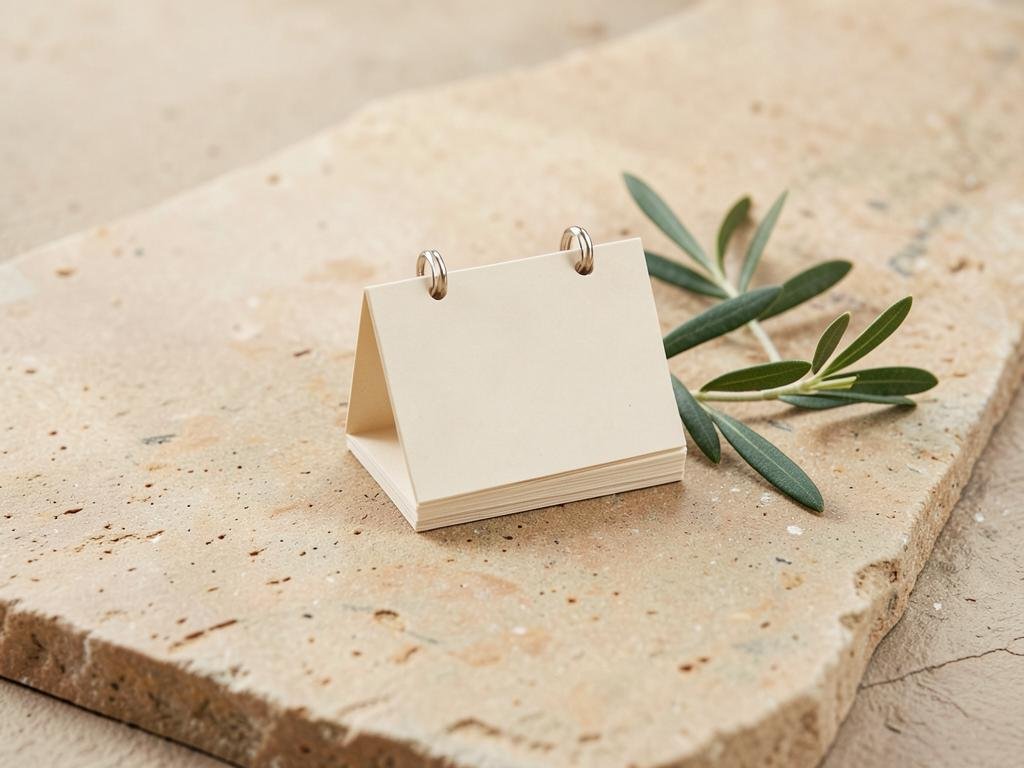 Pequeno calendário de mesa e ramo de oliveira sobre pedra clara